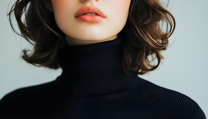 A close-up shot of a woman wearing a black turtle neck sweater, possibly for formal or professional occasion