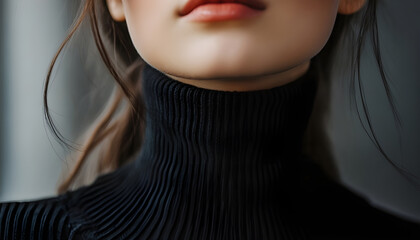 A close-up shot of a woman wearing a black turtle neck sweater, possibly for formal or professional occasion