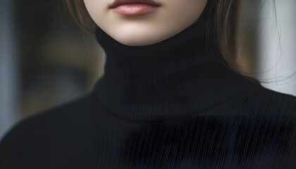 A close-up shot of a woman wearing a black turtle neck sweater, possibly for formal or professional occasion