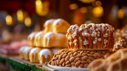 Among colorful lights and cheerful decorations, a Christmas market features a delightful display of pretzels, pastries, and nuts tempting holiday shoppers