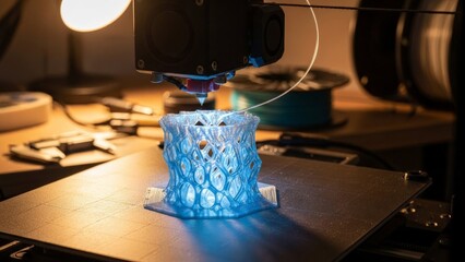 3D Printer Creates Intricate Blue Object with Advanced Technology