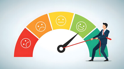 Businessman maximizing customer satisfaction score gauge | Pulling performance meter needle towards excellent feedback | Achieving high customer service rating visualization | Improving business metri