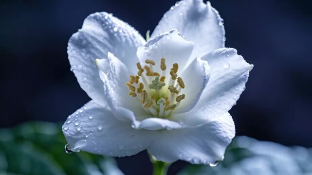Delicate White Jasmine Blossoms Bloom Under Soft Moonlight With Dew Droplets