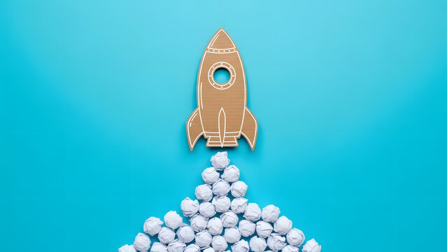 Cardboard rocket launching with crumpled paper smoke trail | Creative concept of business startup launch and innovation | Blue background flat lay symbolizing new ideas and success | Conceptual image 