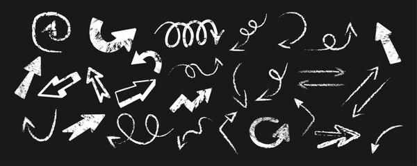 Chalk arrows vector set on blackboard background. Rough textured directional arrows with scribble, grunge and sketch style strokes on chalkboard drawings, isolated on dark background.