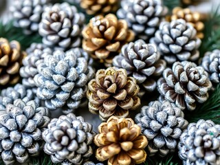 A collection of silver and gold glitter-covered pinecones arranged artfully, elegant winter display,  glamorous,  metallic