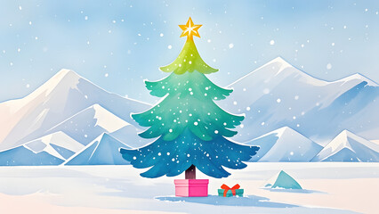 Fototapeta premium Christmas tree with golden star and gifts in snowy mountain landscape