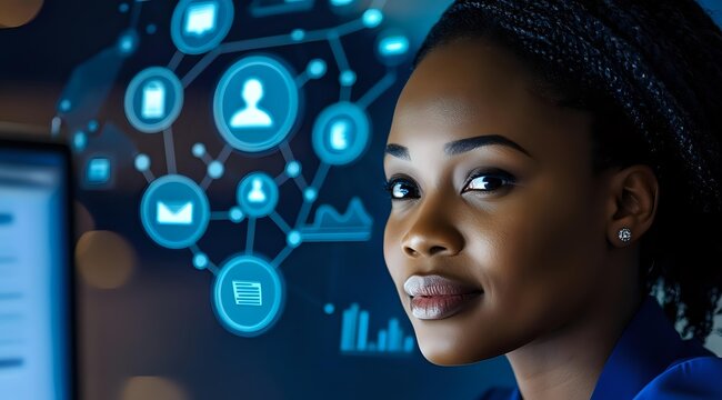 Young African American businesswoman analyzing digital social media network icons and data visualization in modern tech office environment. - Powered by Adobe