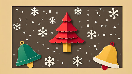 Red paper Christmas tree with green and gold bells on brown background
