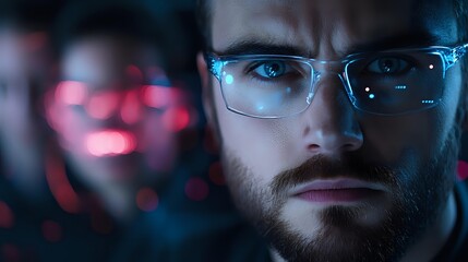Young bearded man in glasses working late at computer with blue screen reflection, focused professional in modern office environment at night.