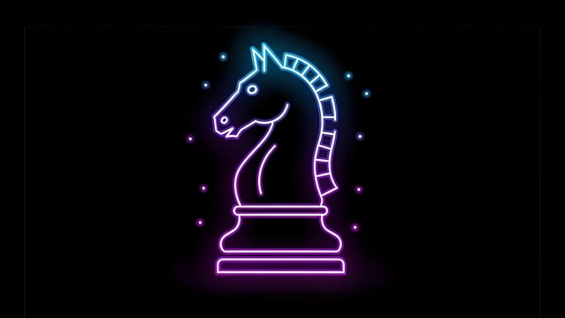 Glowing neon chess knight piece in vibrant blue and purple colors against black background for gaming and strategy concepts.