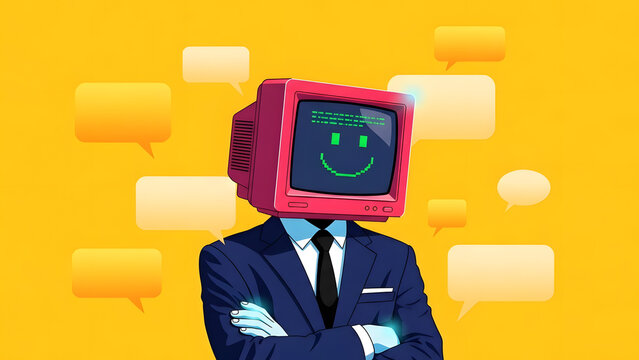 Retro CRT monitor head businessman surrounded by chat bubbles | Conceptual AI conversation and digital communication illustration | Man in suit with television head and pixelated smiley face | Vintage - Powered by Adobe