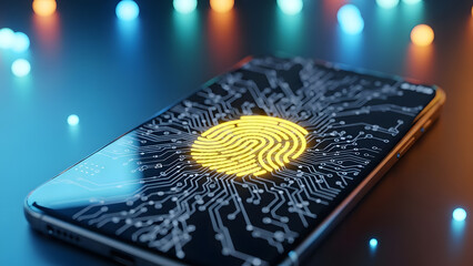 Biometric security authentication on smartphone screen | Glowing yellow fingerprint sensor technology on mobile device | Futuristic digital identity verification with circuit board background | High-t