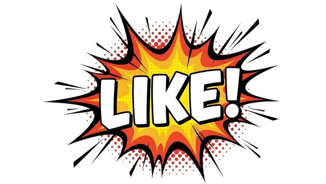 Comic book style explosion burst with LIKE text in bold letters, pop art design with halftone dots and dynamic rays for social media graphics and marketing.