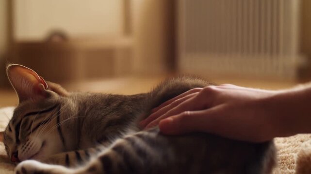 Pov of a hand gently stroking the back of a sleeping cat lying on a soft blanket, with the fur indenting under the palm against a blurred warm interior, concept of tender companionship and touch