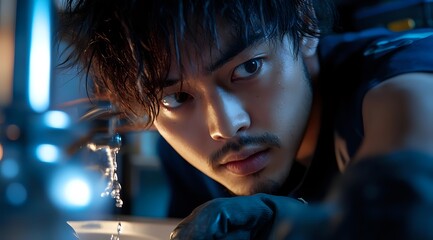 Young Asian male scientist examining sample through microscope in modern laboratory with blue lighting and focused expression for research projects.