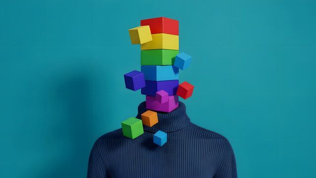 Precariously stacked rainbow blocks instead of a human head | Abstract digital art representing cognitive load and mental balance | 3D render of surreal portrait against turquoise background | Visual 