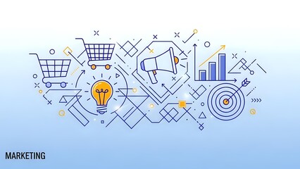 Marketing strategy concept with shopping carts, lightbulb, megaphone, charts and target icons on light blue background for business presentations.