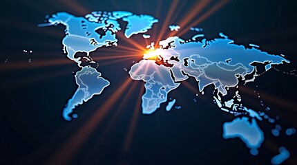 Rendered in glowing blue (with a textured, dotted style), it centers a bright, radiant focal point over Europe.