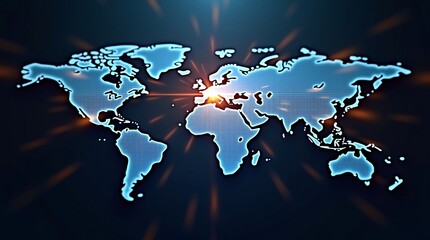 Styled with a glowing blue, textured (grid-like) appearance, it centers a bright, radiant focal point over Europe.