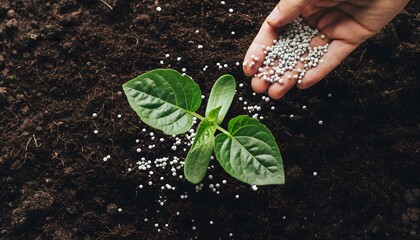 Hand adding fertilizer to a young plant growing in rich dark soil, symbolizing growth and care