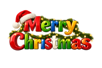 Merry Christmas 3D text with santa hat and green garland with lights festive holiday design isolated on transparent background