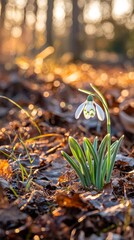 Delicate Snowdrop Flower on Dusty Ground with Soft Background Light