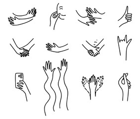 A set of different hand actions and gestures drawn in a simplified naive doodle style.