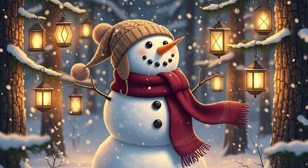 Smiling snowman wearing a brown knit hat and red scarf in a snowy winter forest decorated with glowing lanterns