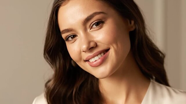 Portrait of a cheerful young woman with glossy skin, bright smile, and wavy brown hair