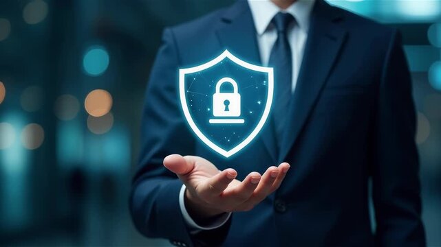Legal Shield: A professional, in a formal suit, extends their hand to display a digital icon of a shield, showcasing concepts of law and justice within a technological and futuristic realm.