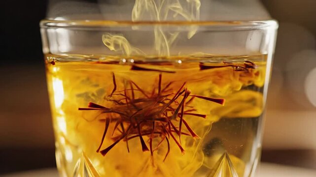 Golden saffron threads dissolving in warm water, releasing vibrant amber hues and delicate aroma.