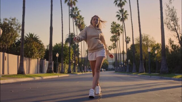 Video of young happy woman walking down the beverly hills street on sunny summer day and enjoying hip hop music with dance moves.Zoom in.AI Generative.