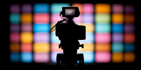 Professional broadcasting camera standing in silhouette against a vibrant, bokeh filled LED backdrop, symbolizing media and television