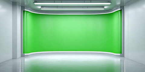 Virtual news studio set featuring a large green screen backdrop and reflective floor, ideal for media production and broadcasting