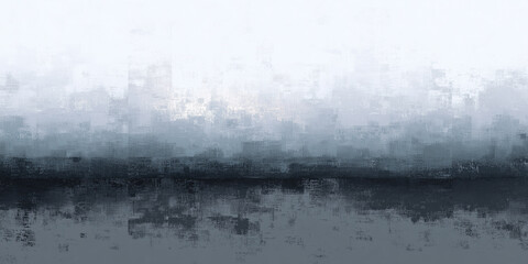 Abstract digital painting with gradient grey black white tones creating calm and misty atmosphere in horizontal composition
