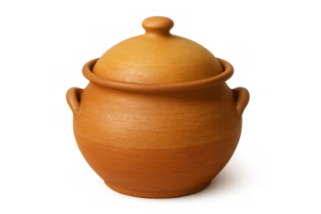 Terracotta clay pot with lid and handles, an earthenware vessel for traditional culinary cooking, transparent background