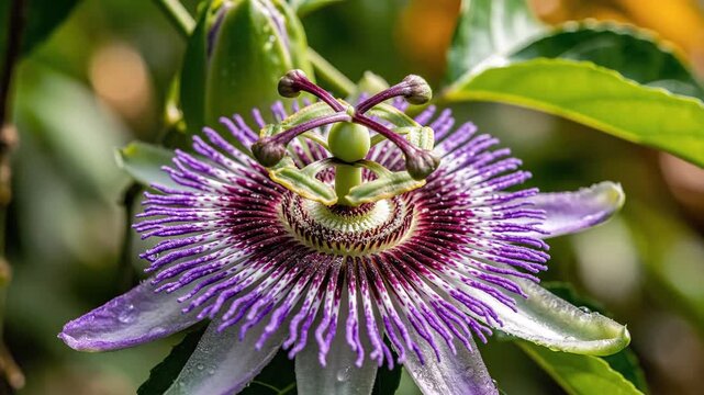 Intricate Purple Passionflower Bloom Unfolding Its Complex Structure Amidst Lush Green Foliage