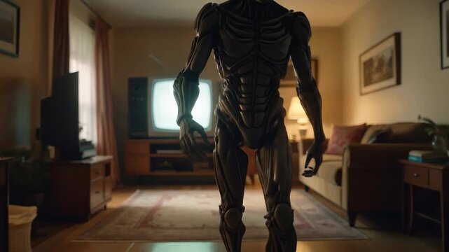 A chilling scene - A humanoid robot stands in a dimly lit living room.