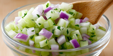 Mix of diced cucumber, red onion, and a variety of fresh herbs presented in a clear glass bowl with a rustic wooden spoon, making for a delicious and nutritious salad option