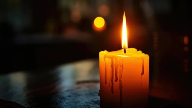 This is an of one candle with a warm glow. It's lit on a surface and the flame is bright orange.