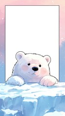 A white polar bear is looking out over a frozen landscape