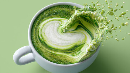 Obraz premium Refreshing iced matcha green tea latte in a tall glass topped with thick whipped cream, caramel drizzle, and fresh mint leaves on a green background