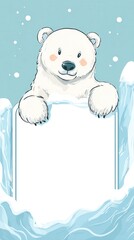 A cartoon polar bear is holding a white sign
