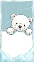 A white polar bear is looking at a blank piece of paper