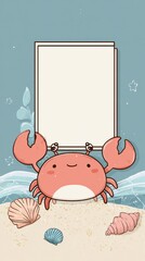 A cartoon crab holding a white sign