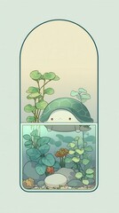 A turtle is in a fish tank with plants and rocks