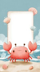 A cartoon crab is standing on a beach with shells and a frame