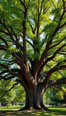 Fototapeta premium A healthy, lush oak tree with spreading branches, showcasing natural growth and strength, strong, nature