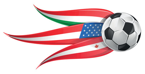 Horizontal vector illustration for the 2026 World Cup, featuring the flags of Canada, Mexico, and the USA integrated with a soccer ball